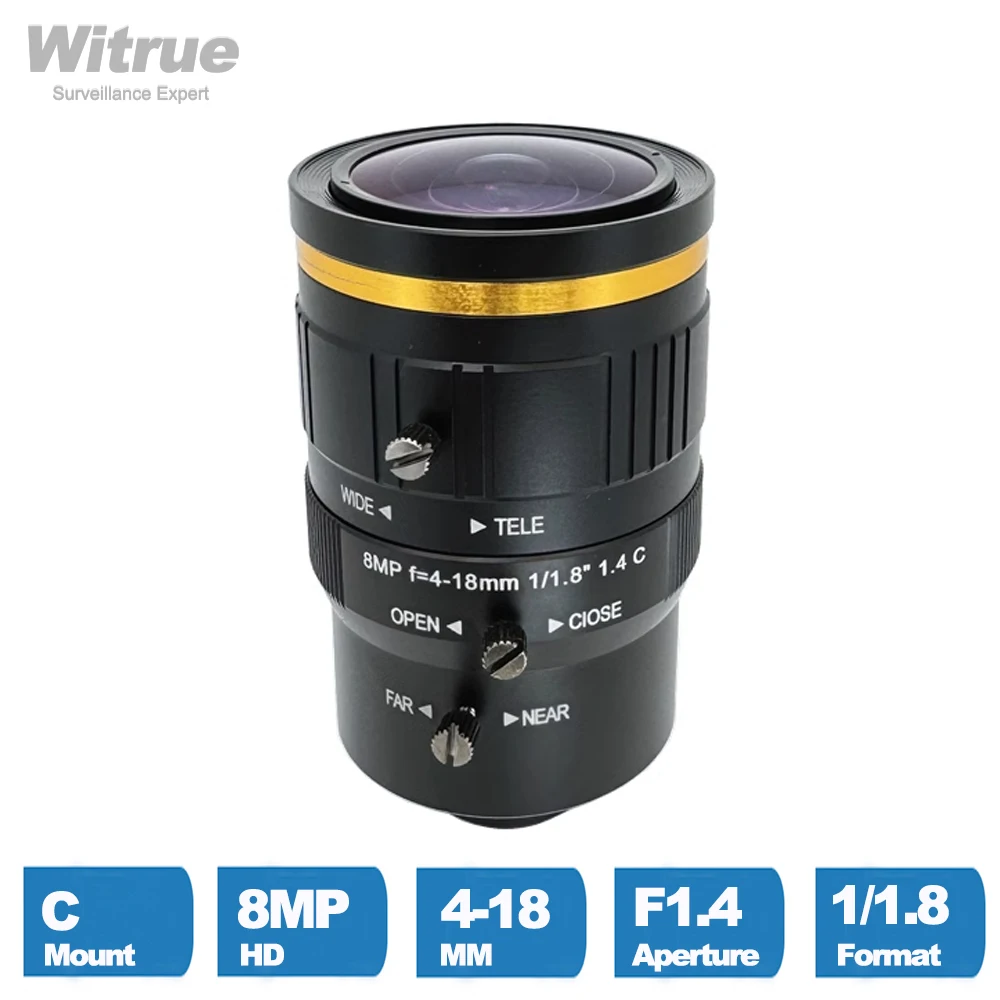 Witrue HD 4K 8-megapikselowy obiektyw zmiennoogniskowy z mocowaniem C 4-18 mm Apertuer F1.4 Format 1/1.8 do kamer monitorujących