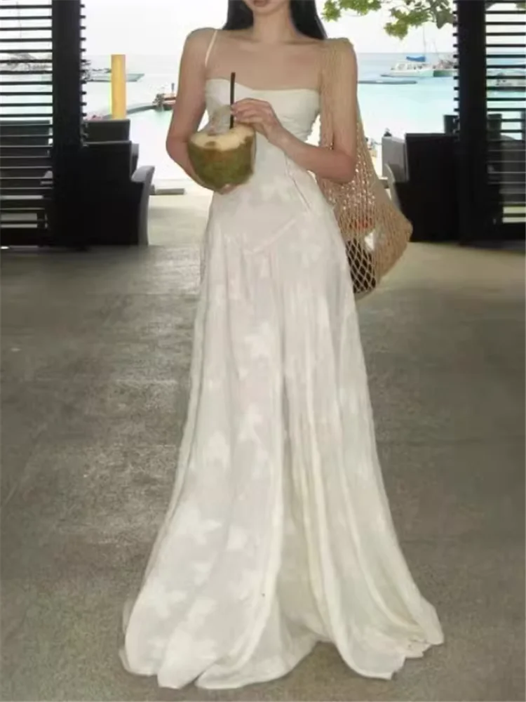 

Vacation Style Fairy White Pink Embroidered Straps Long Dress French New Summer Hollow Beach Seaside Resort A-line Photo Dress