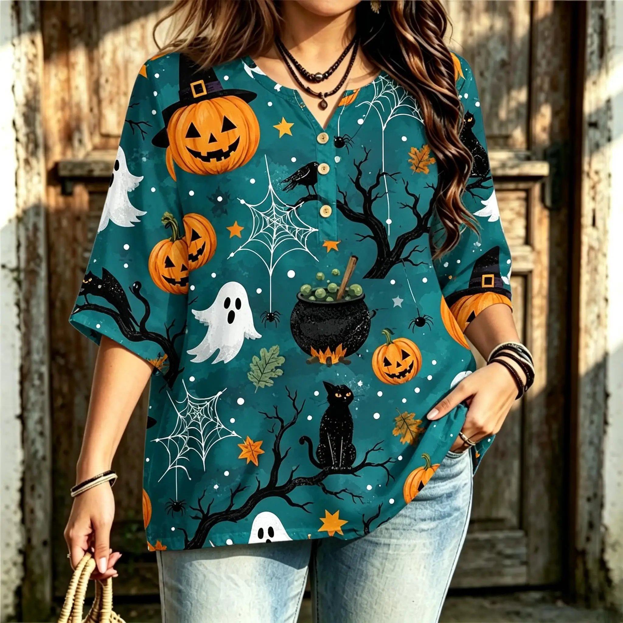 Women Notched Henley Neck 3/4 Sleeve Blouse Halloween Pumpkin Ghost Black Cat Cauldron Spider Web Crow All‑Over Print Tops