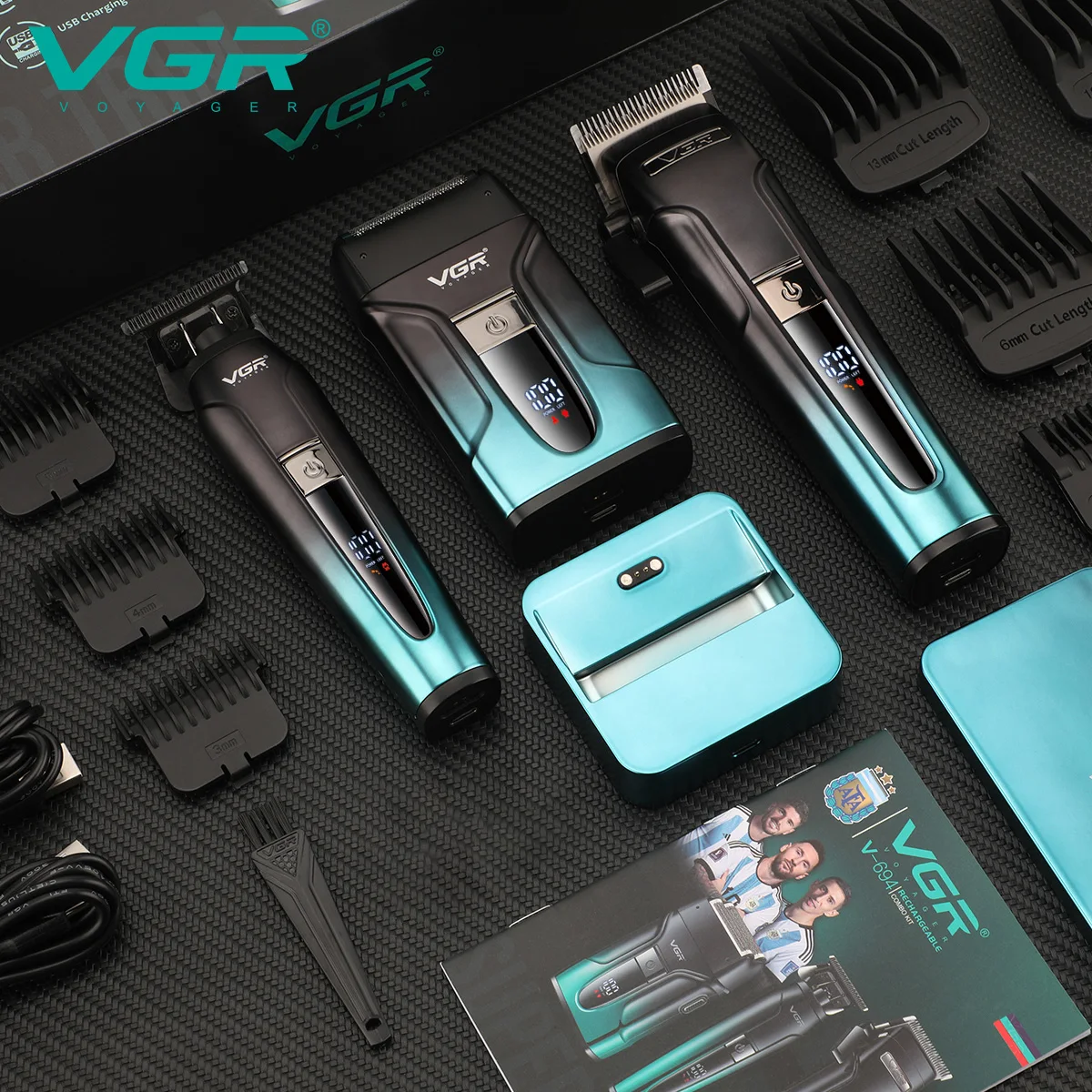 VGR Trimmer Professional Clipper Barber Electric Rechargeable Hair Clippers Adjustable Cordless Clippers and Trimmers Set V-694