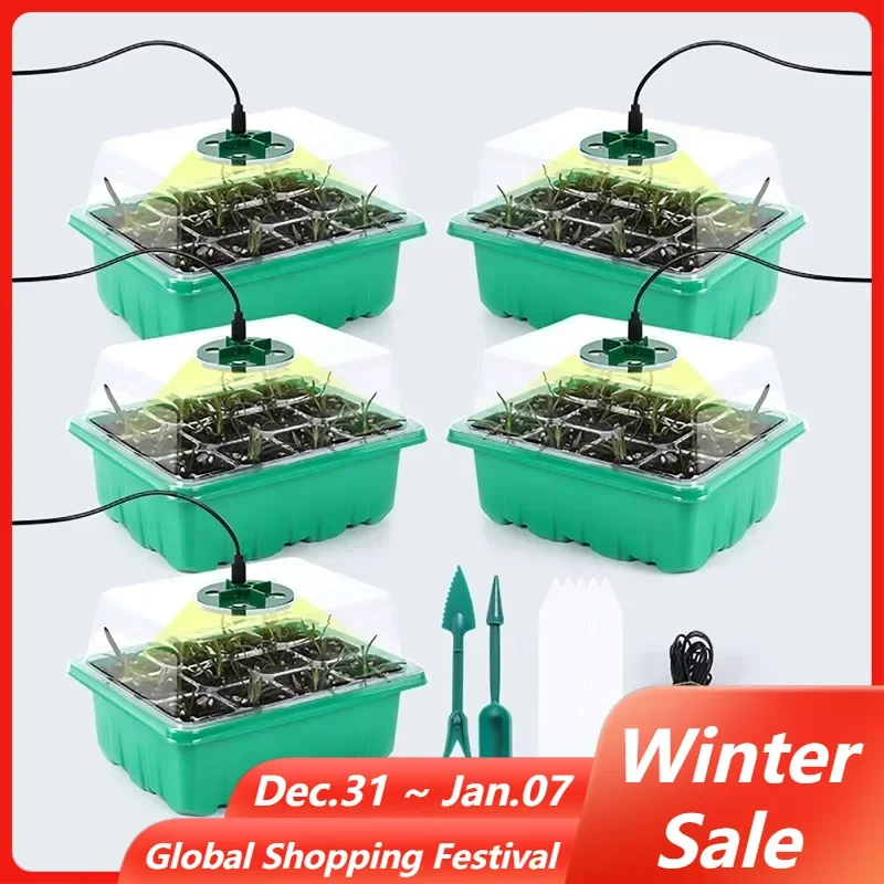 5PCS Starter Tray Growing Box with LED Grow Lights 12-Cell Seedling Plant Growing Garden Indoor Propagator for Vegetable