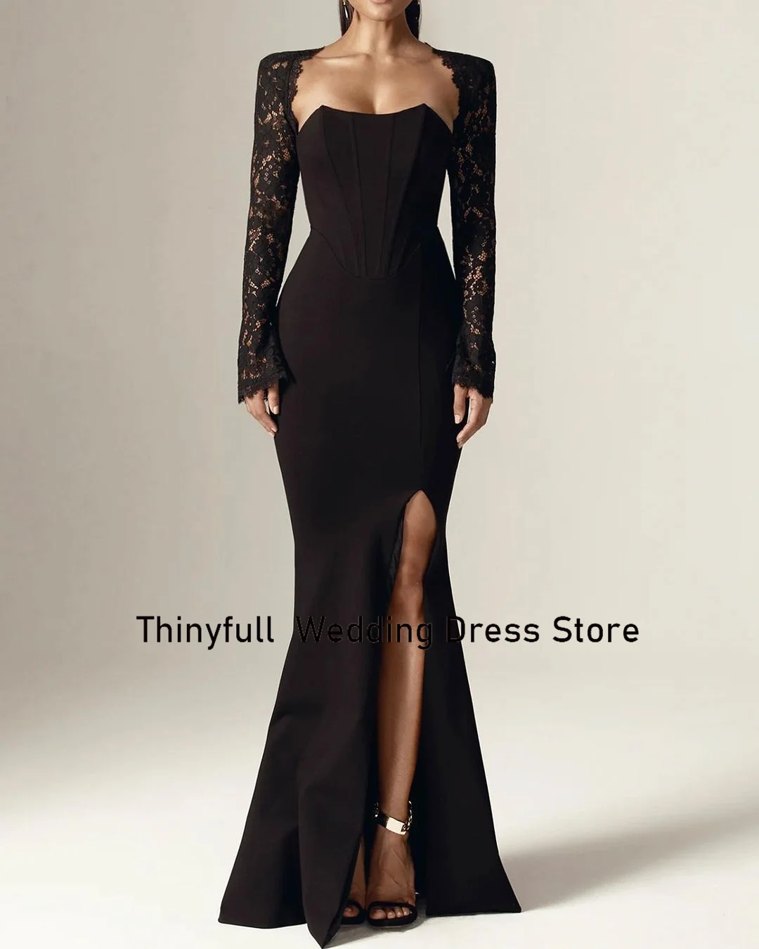 Thinyfull Mermaid Evening Dresses Long Sleeves Strapless Prom Dress Satin Split Formal Occasion Gown Robe De Soirée Customized