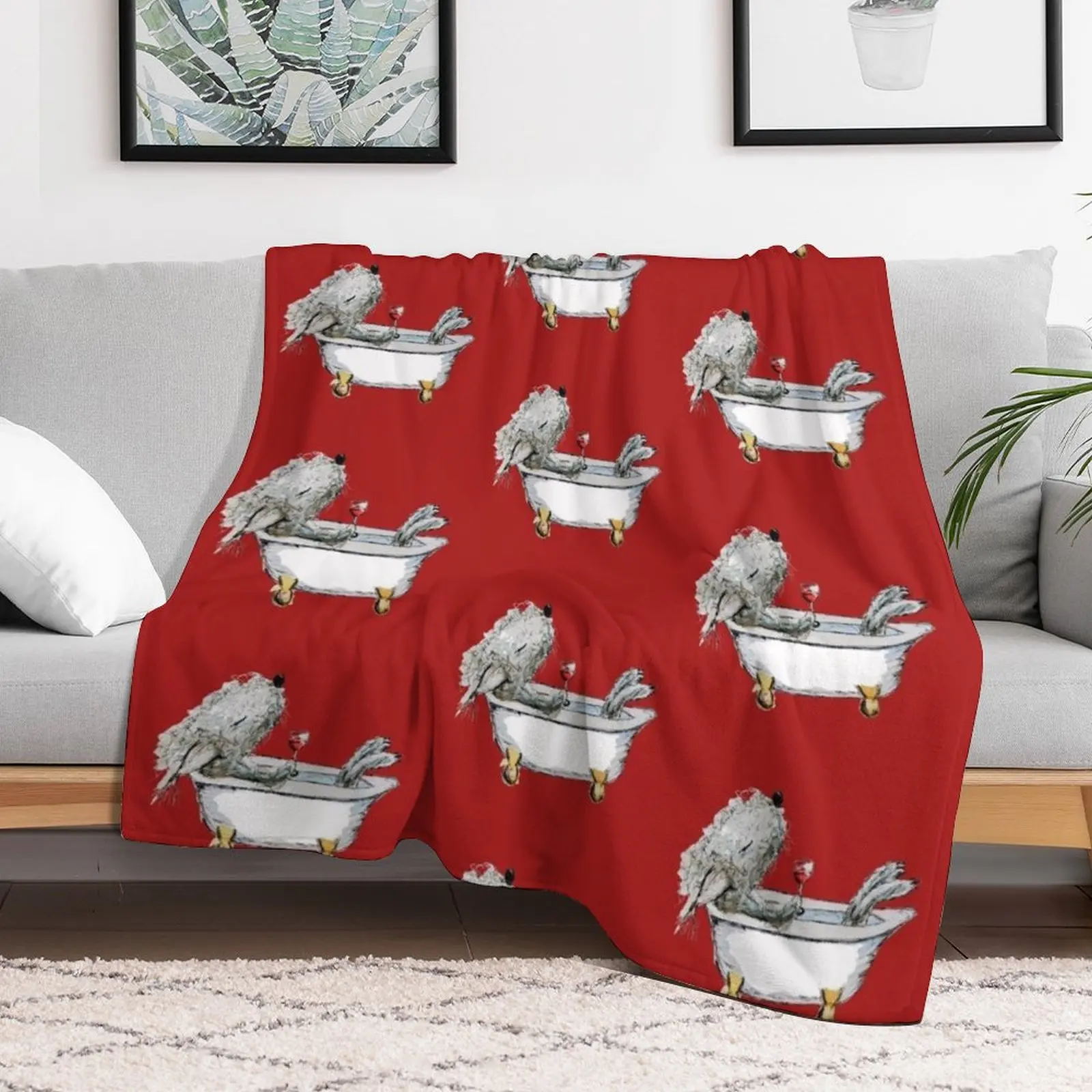 Bedlington Terrier Dog in a Bathtub, Red Background Throw Blanket