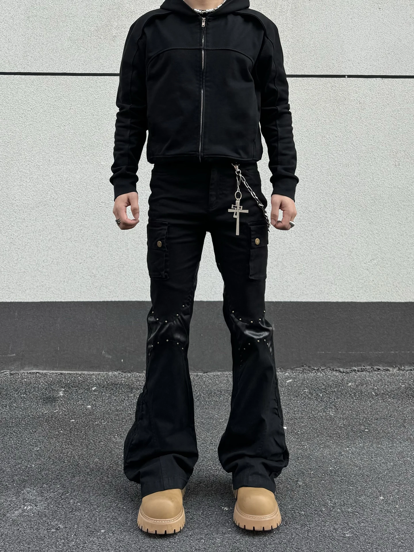 

Мужские джинсы в стиле американского хай-стрит панк, из плотной кожи с пэчворком, складчатые, в стиле рабочей одежды, молодежные, модные, из хлопка...