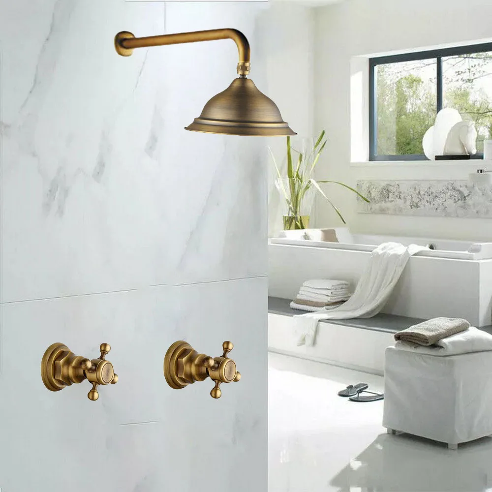 

Bathroom Rainfall Shower Faucets 8 Inch Antique Brass Round Wall Mounted Faucet Sets Dual Handles Mixer Tap