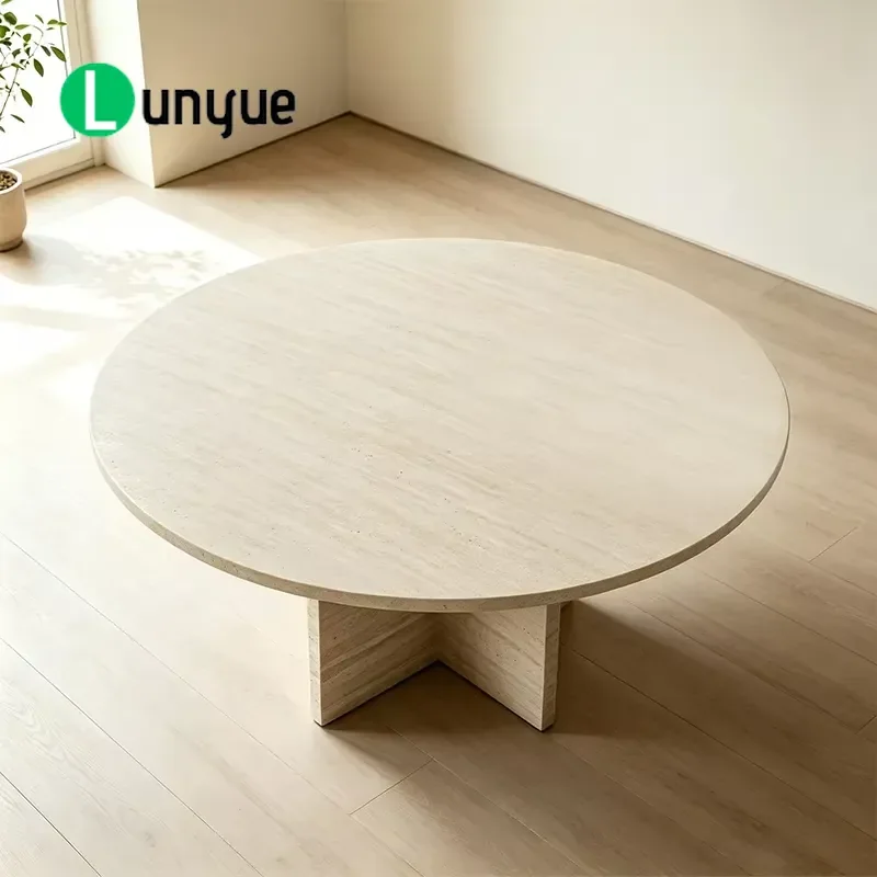 Luxury Travertine Dining Table 122cm Round Stone Top Tripod Base Minimalist Aussie Coastal Style Easy Clean Surface for