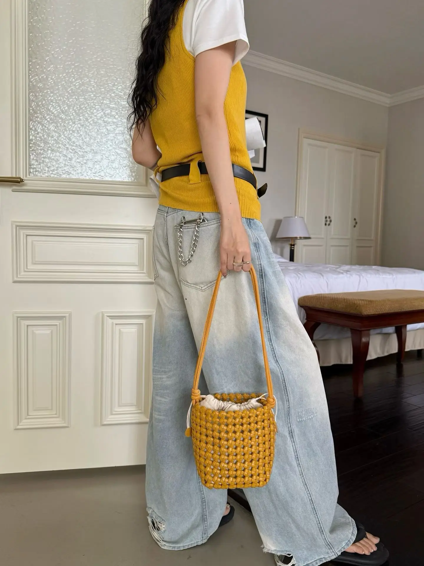 FIRMRANCH Classic Versatile Soft Cowhide Pure Handmade Woven Hollow-out Drawstring Adjustable Women's Shoulder Crossbody Bag