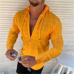 2024 Hot selling men's casual slim long-sleeved shirt with hooded zipper fashion checkered sports fitness breathable cardigan