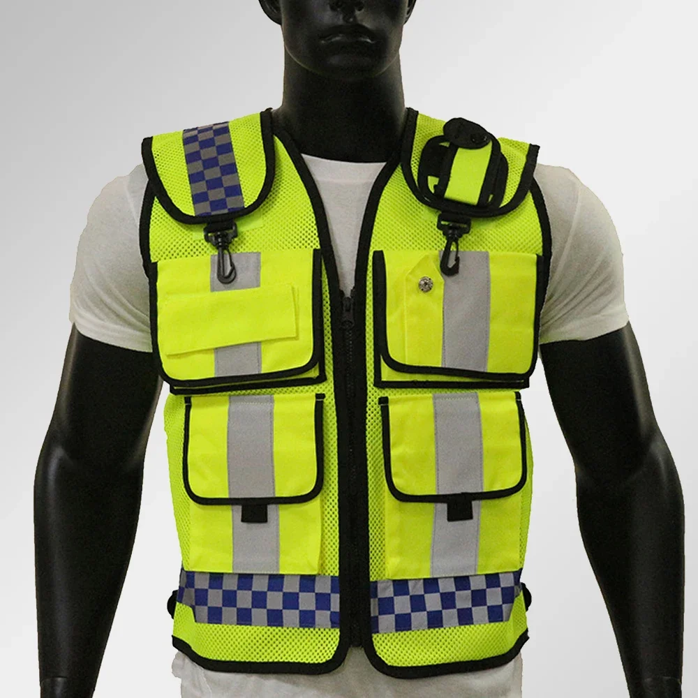 Chaleco reflectante de policía, chaqueta de seguridad de alta visibilidad, malla transpirable, doble capa, ropa de trabajo de seguridad nocturna
