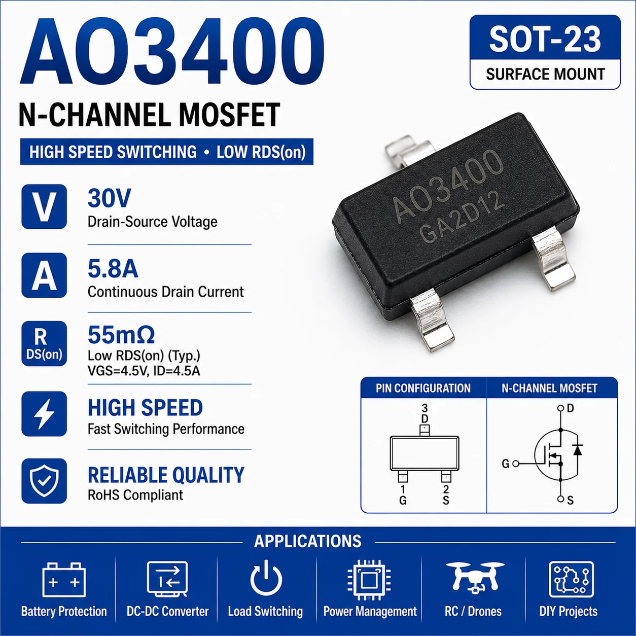 (100 piezas) AO3400 A09T SOT-23 Transistor MOSFET de Canal N 30V 5.8A de Bajo RDS(on) y Alta Velocidad de Conmutación