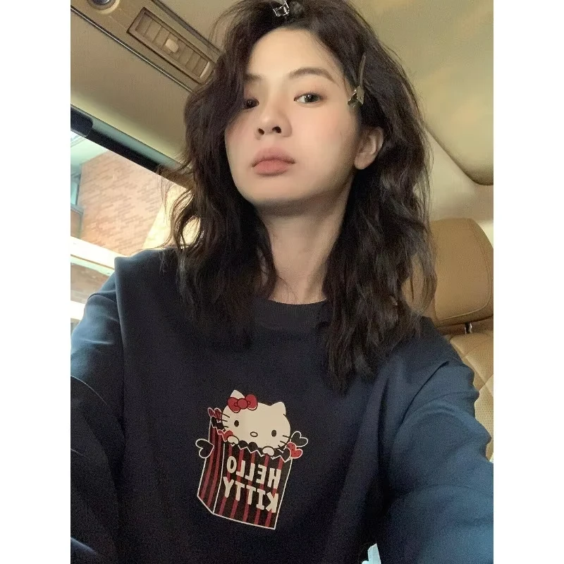 سويت شيرت MINISO Disney Korean Ins Niche Fun Kitty من الأمام والخلف مطبوع فضفاض من القطن برقبة دائرية مريح هاراجوكو