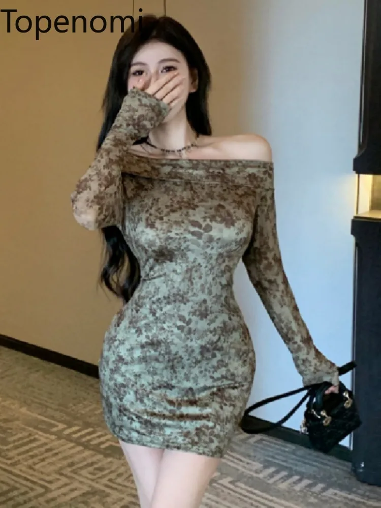 Kimotimo Sexy Tie Dye Print Short Party Dress Women Korean Fashion Boat Neck High Waist Slim Long Sleeve Evening Vestidos Gown