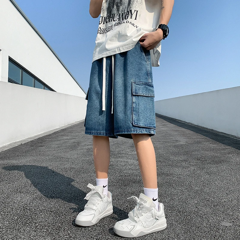 Summer New Baggy Denim Shorts Men\'s Pocket Jeans Elastic Waist Casual Blue High Street Drawstring Short Pants Streetwear