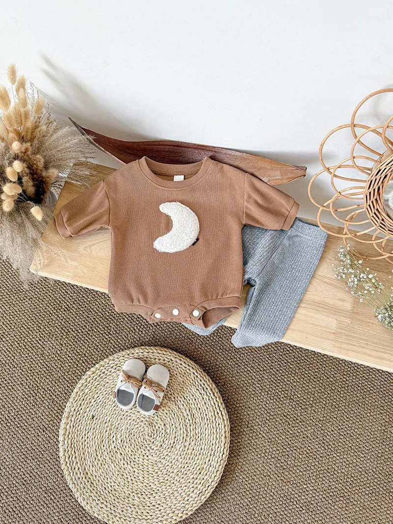 New Autumn Baby Clothes Set  Cute Loose Girls Moon Brown Bodysuit +Grey Leggings Korean Children Outfit 2PCS  0-12M