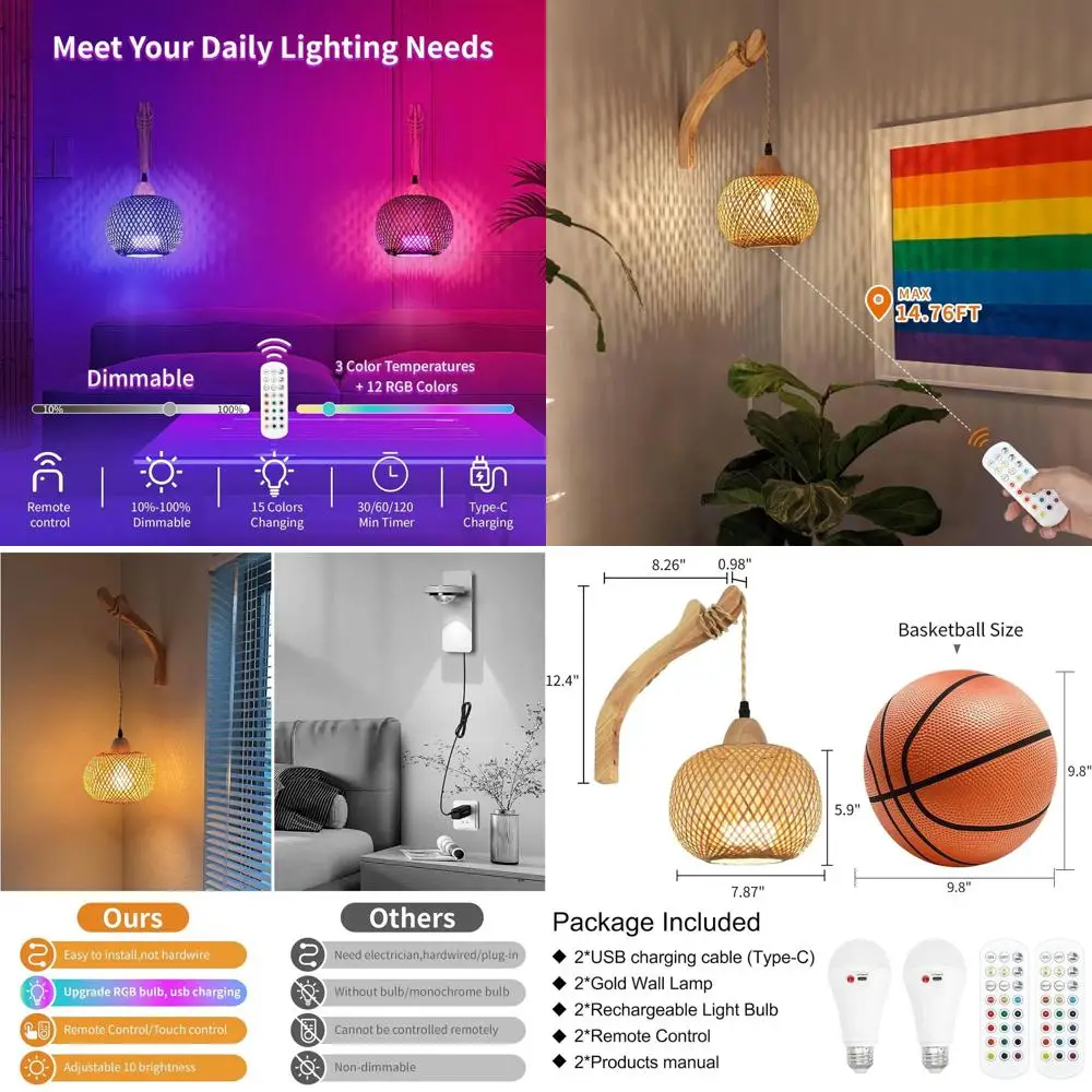 

Dual Rechargeable Battery-Powered Wall Sconces with Remote, RGB 15-Color Dimmable, Bamboo Style Indoor Lighting for Bedrooms