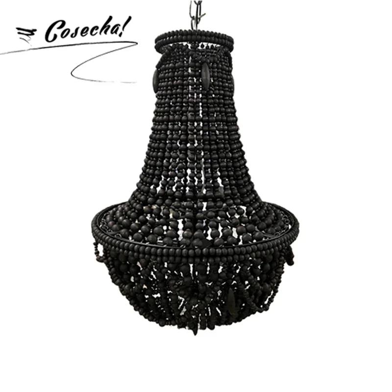 Large Black Wooden Beaded American Chandelier Bohemia Rustic Farmhouse Chandelier For Living Room Lobby Kitchen Dining Room