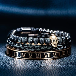 Luxury 3pcs/Set Skull Charm Black Bracelet Stainless Steel  Men Enamel Roman Number Bangles  Europe Fashion Couple Jewelry