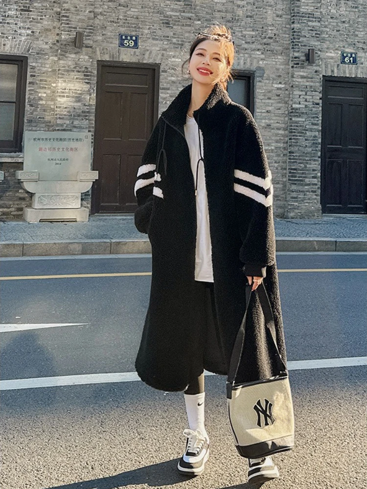 

Черные длинные пальто из искусственного меха на молнии с лацканами в стиле пэчворк, куртки из искусственного меха ягненка, пушистые теплые толстые плюшевые пальто, уличные стильные пальто