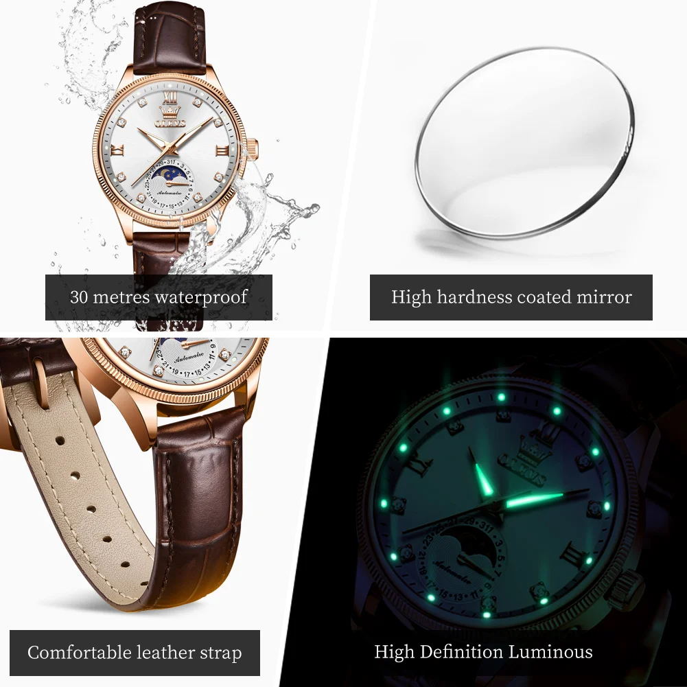 OLEVS Original Brand Fashion Moon Phase Mechanical Watch Elegant Women's Watches Luxury Leather Waterproof Ladies Wristwatch