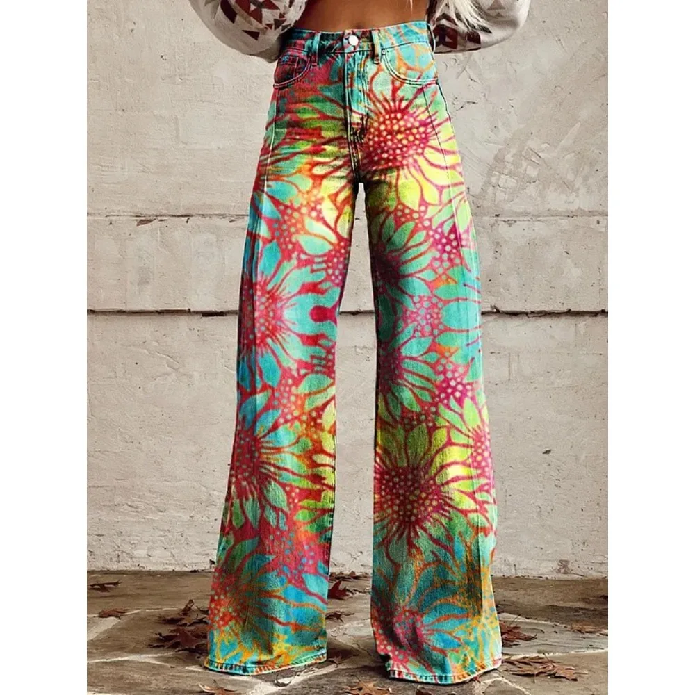 Damen Blaue Orientalische Pflaumenblüten-Druck Hose mit Hoher Taille und Weitem Bein Vintage Blumenmuster Y2K Ästhetik Lose Hose Retro Streetwear – Detail 7