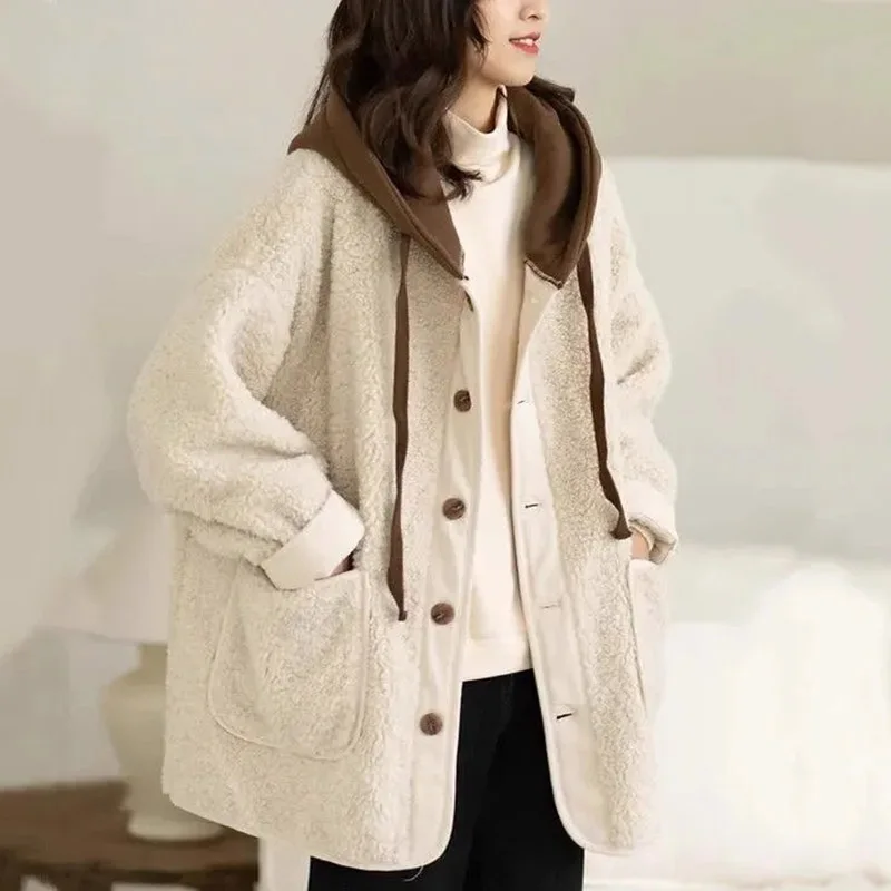 Korean Ladies Hooded Lamb Plush Jacket Autumn Winter Female Medium Long Styles Coat 2024 Women Large Size 4XL Baseball Outwear