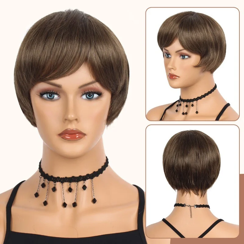 

Ladies Short Hair Women Slanted Bangs Dark Brown Mixed Wig