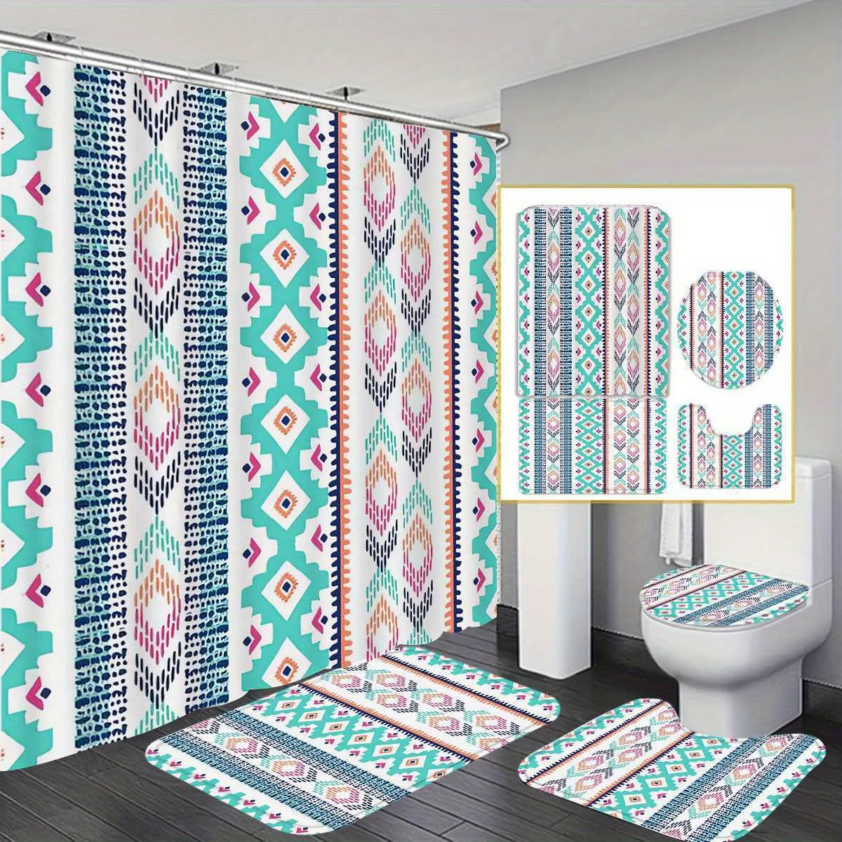 

Colorful plaid print Patterned Shower Curtain, High Quality, Polyester, Includes 4pc, Non-Slip Bath Mat, U-Shaped Toilet Seat