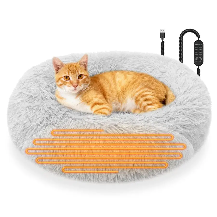 

Cat Beds for Indoor Cats and Small Dogs, 24 Heated Pet Bed with Timer and Temp Adjustable, Cozy Fluffy Round Calming Pet Beds Re