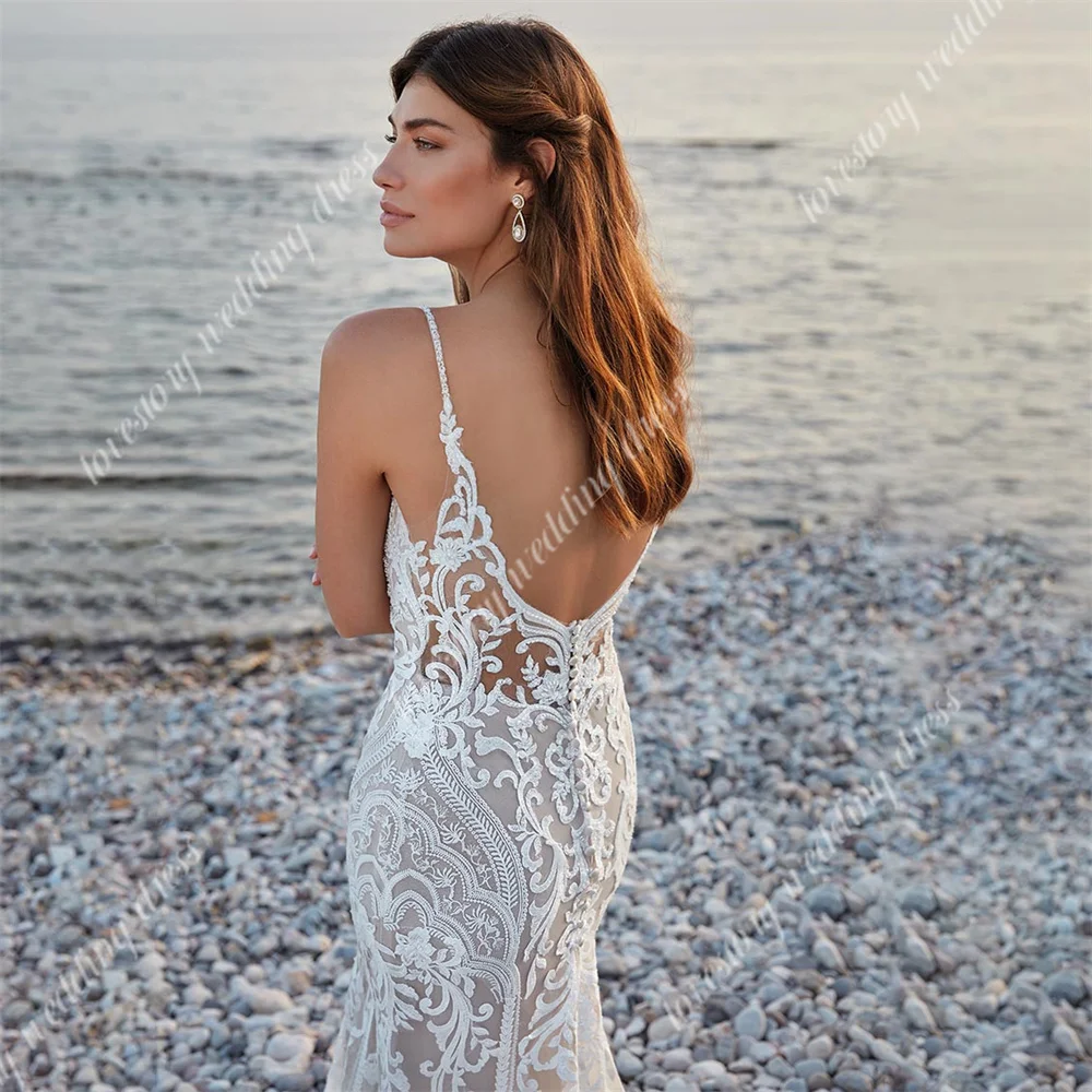 Vestidos de novia de sirena Sexy para mujer, Apliques de encaje, cuello en V, vestido de fiesta de boda, vestidos de novia de playa Boho, vestidos hechos a medida