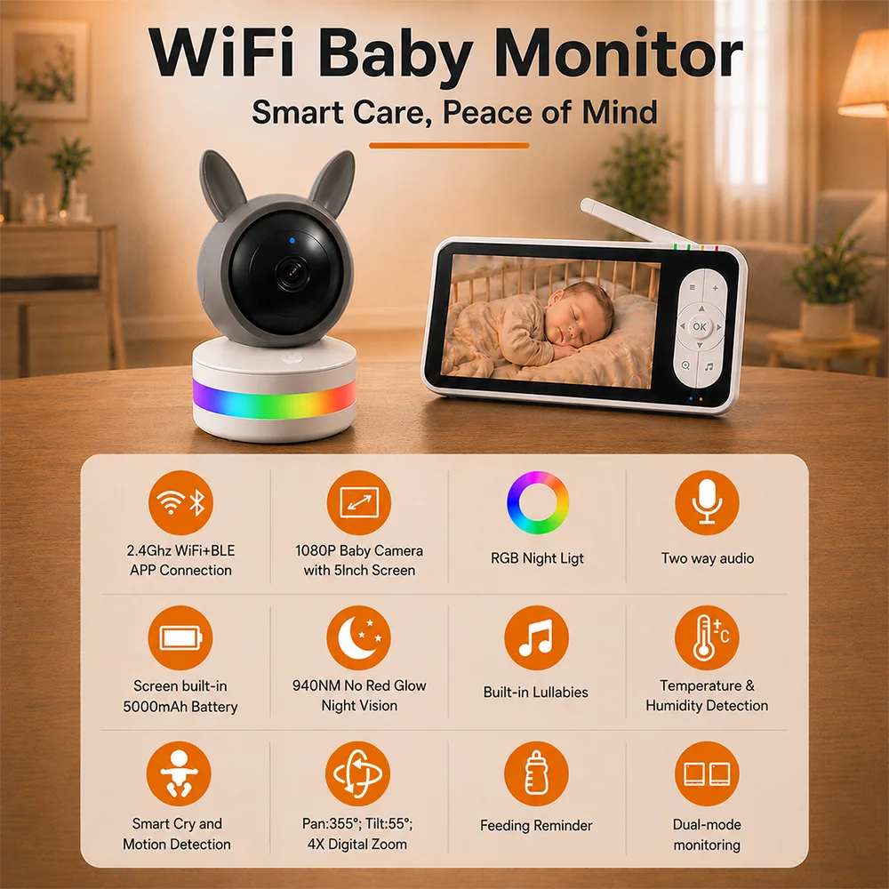 WiFi & No-WiFi Modes Tuya SmartLife RGB Night Light Baby Monitor Camera 1080P FHD Infrared with 5