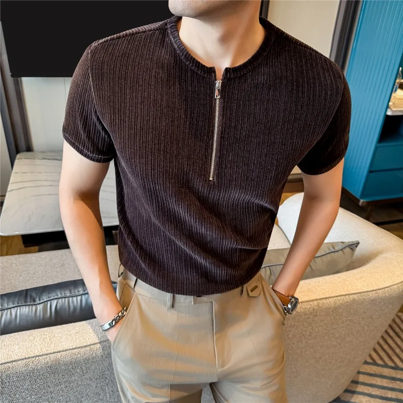 Men Short Sleeved Stripe Polo Shirt Summer Light Thin High Elasticity Solid Casual Half High Neck T-shirt Fashion Men Clothing