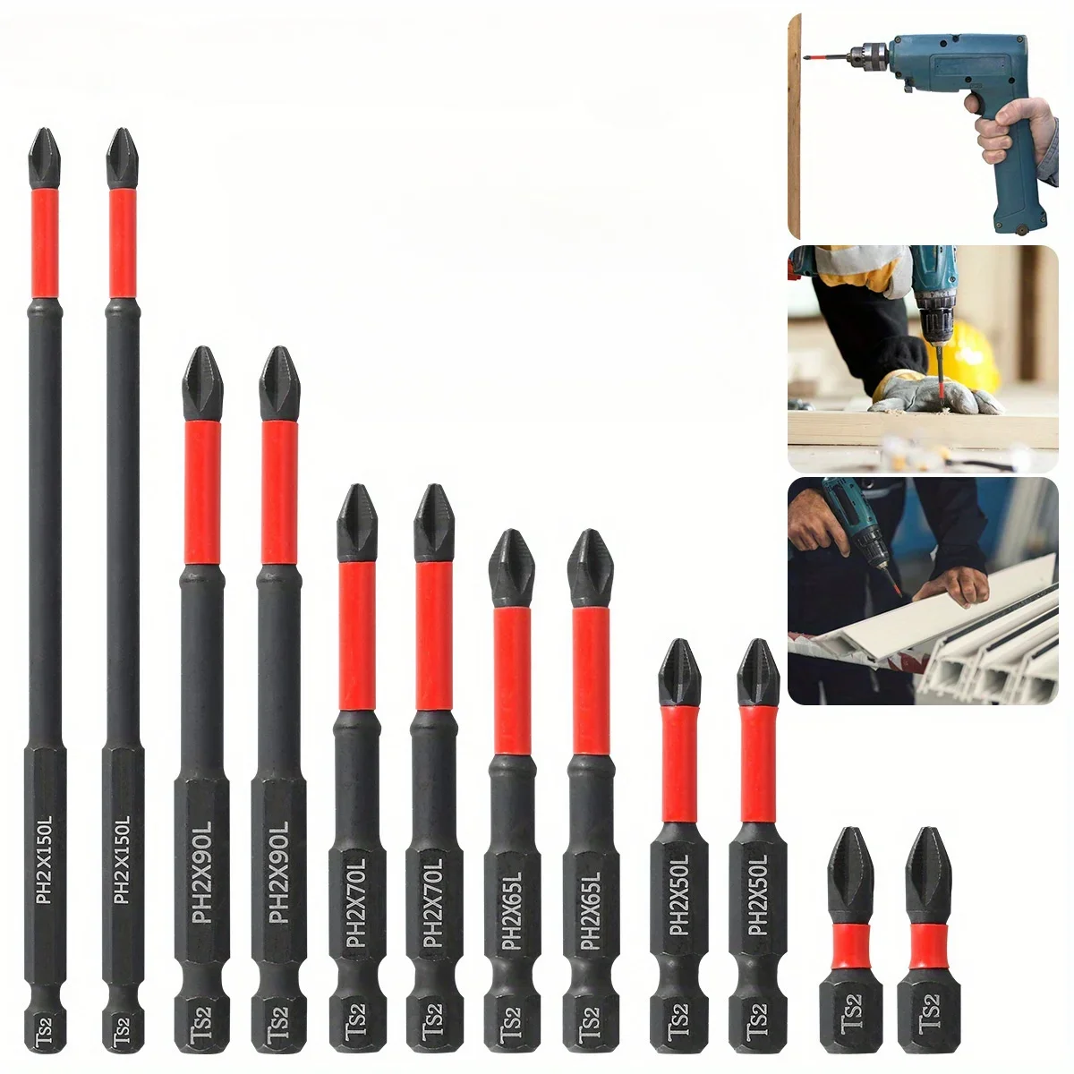 6pcs Tungsten Steel Magnetic Screwdriver Bits PH2 S2 with 1/4 Inch Hex Shank Red Black for Electric and Manual Screwdrivers