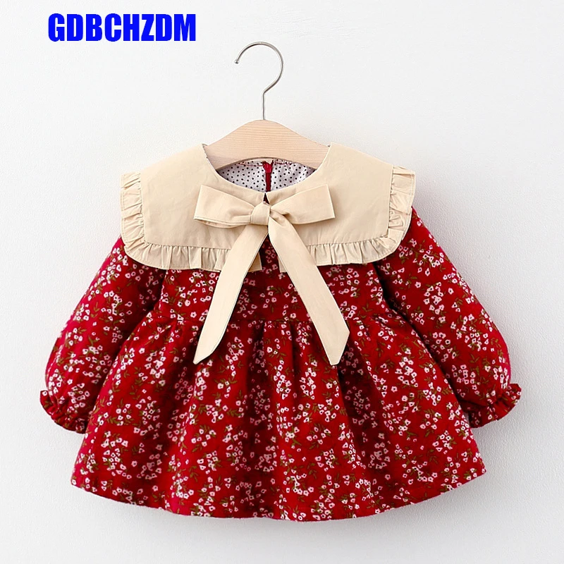 

Princess Party Kids Dresses For Baby Girls Bow Floral Infant Long Sleeve Ruffled Collar Mini Dress Cotton Casual Toddler Clothes
