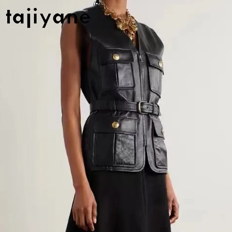 TAJIYANE Oil Wax Goatskin Leather Vest Genuine Leather Jacket Women Waistcoat with Belt Jackets V-neck Mid-length Veste Femme