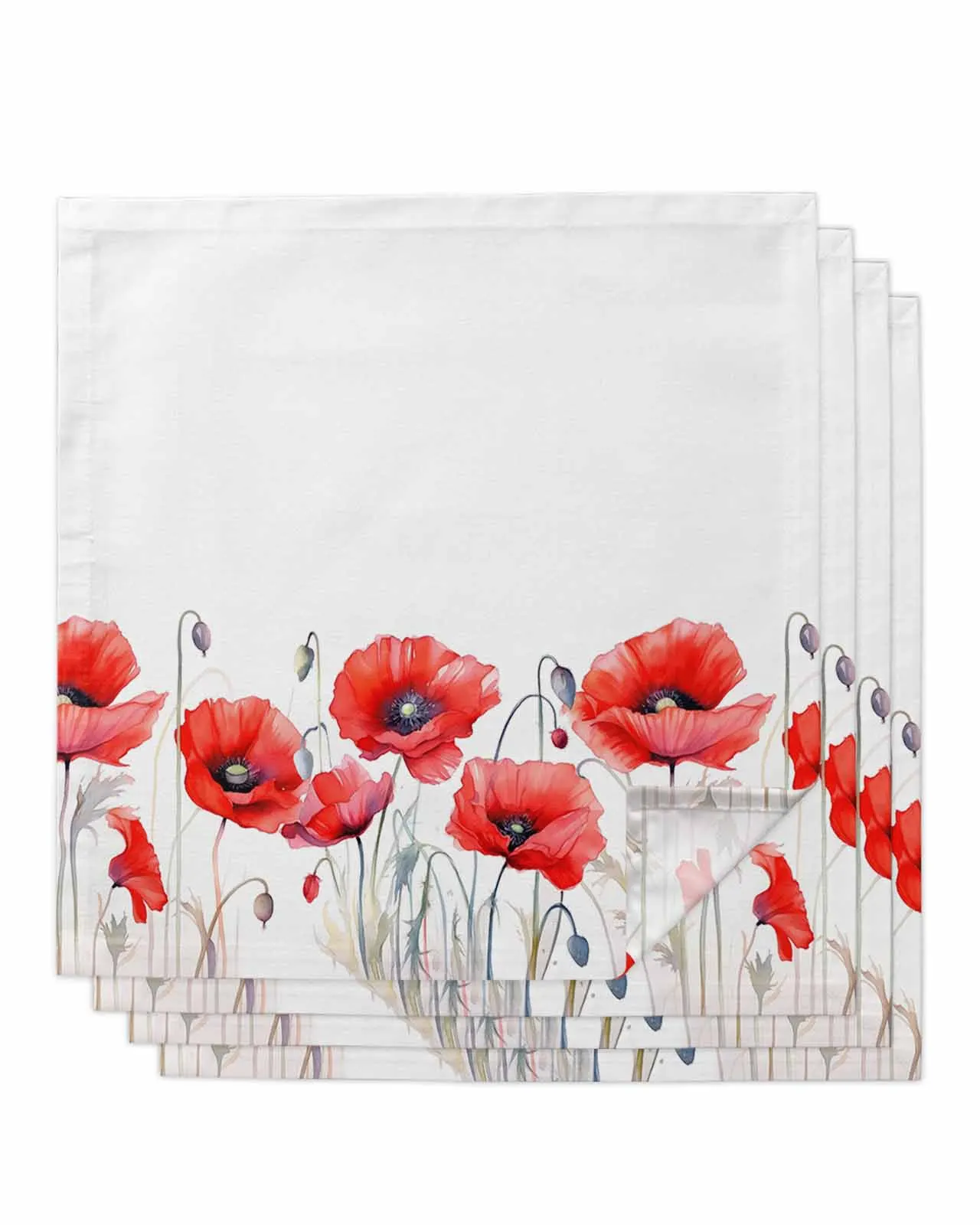 4pc Spring Poppy Flower Plant Table Napkins Set Dinner Handkerchief Towel Napkins Cloth for Wedding Party Banquet