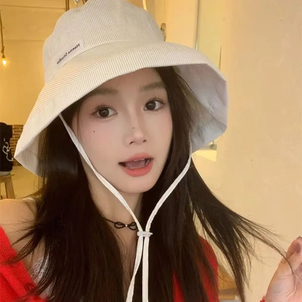 Fashion Wide Brim Fisherman Caps Striped Pattern With Rope Sun Hats Candy Color Basin Cap Women