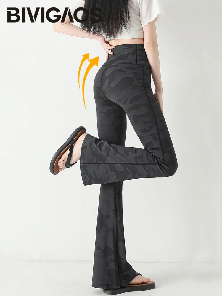 BIVIGAOS 2025 New Spring/Summer Thin Camouflage Sharkskin Flared Leggings Women Fashion Tight Slimming Sexy Elastic Flared Pants