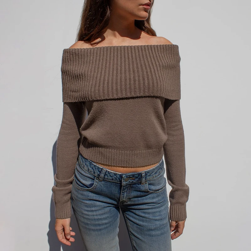 Elegant Off Shoulder Sweater Solid Color Fold Over Long Sleeve Knitwear Crop Tops Woemn Casual Fall Slim Fit Pullover Streetwear