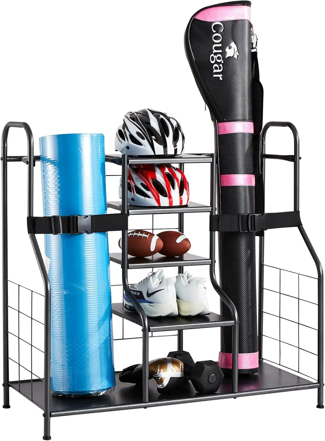 

Golf Storage Garage Organizer, 2 Golf Bag Storage Stand Holder and Other Sports Equipment Storage Rack, Outdoor Steel Garage