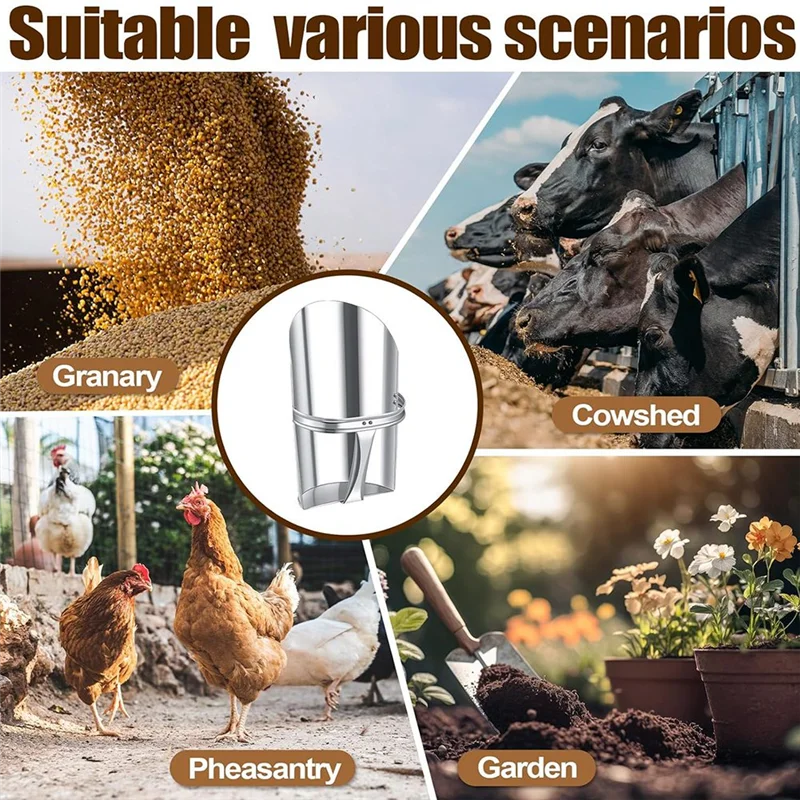AS63-2Pcs Metal Feed Grain Scoop For Livestock 2 Sizes Heavy Duty Stackable Horse Feed Scoop With Handle For Gardening Farms Dur