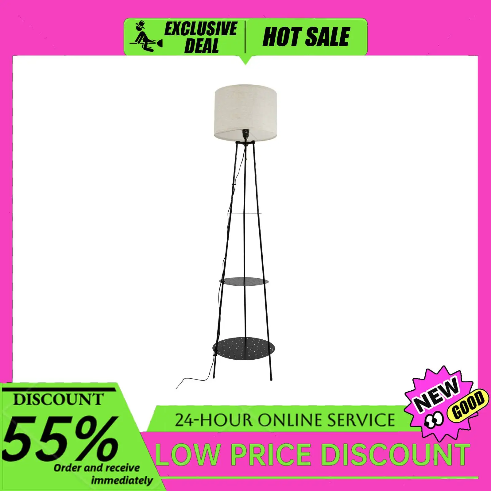 

Floor Lamp with 3 Shelves Modern Standing Lamp Iron Linen Shade 120° Wide Angle for Living Room Bedroom