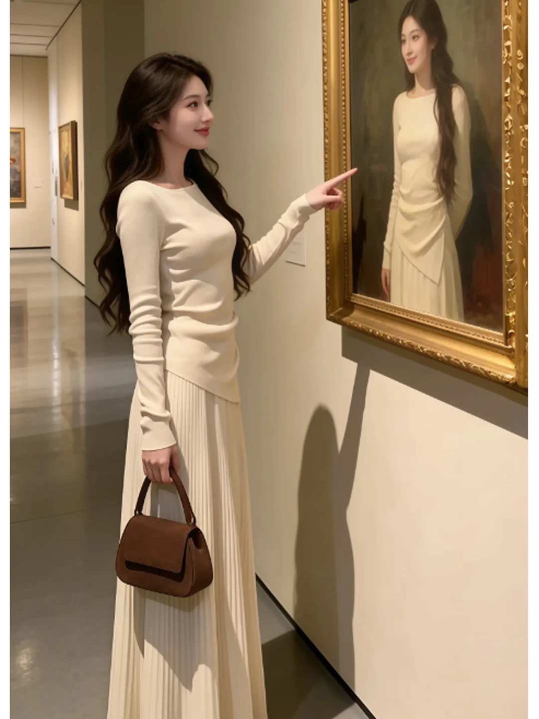 

Модный комплект из двух предметов: топ и юбка миди. Удобный зимний наряд для женщин. Длинный свитер с круглым вырезом и юбка...