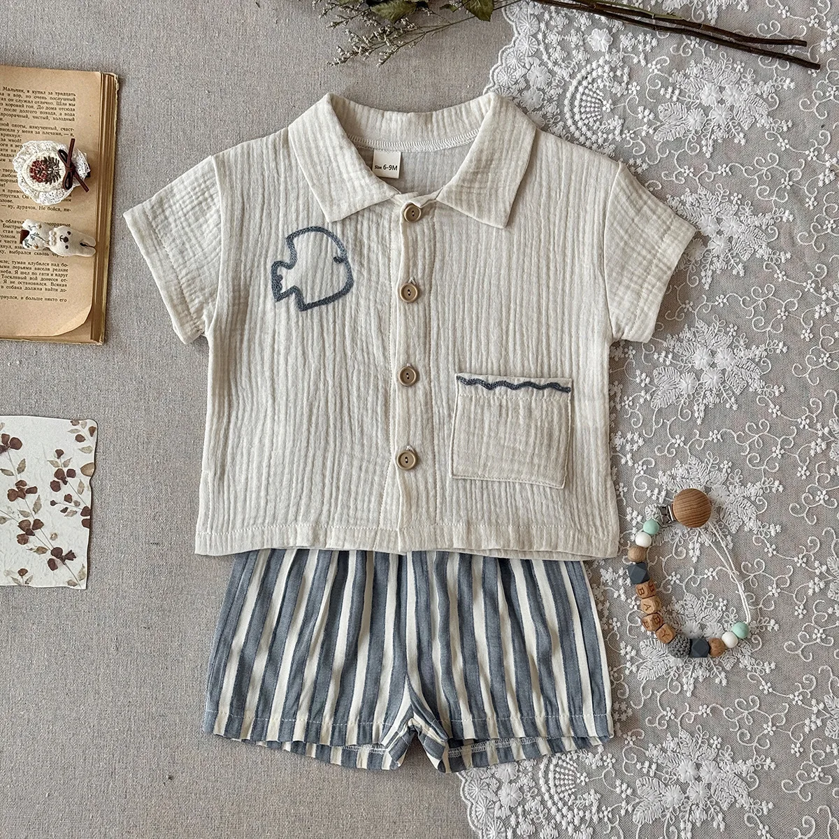 9ヶ月～3歳児用ベビー服セット-刺繍入りリネンtシャツとストライプ柄ショートパンツ-2点セット-男の子用トラックスーツ