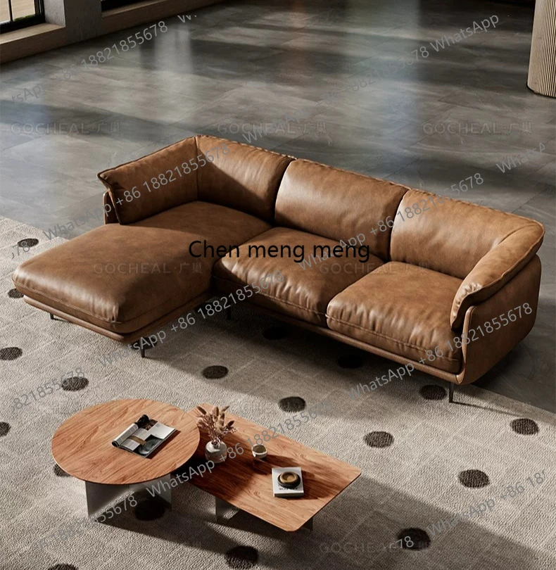 Retro leather aniline leather camel minimalist designer living room corner sofa combination A