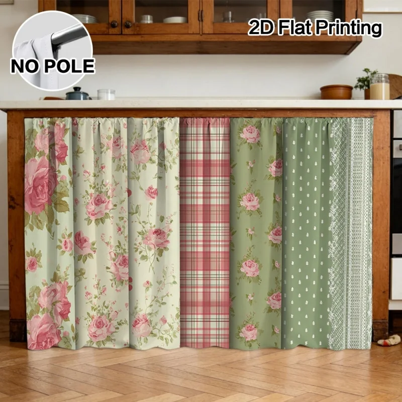 VIKAMA Pink Rose Checkered Curtains, Suitable For Kitchen Cabinet Doors, Perfect For Decorating Kitchen Storage Cabinets