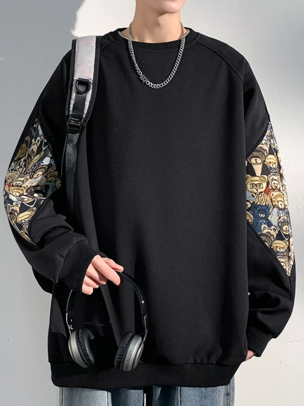 

Loose Fit Men's Sweatirt Spring Autumn Trendy Bear Patchwork Embroidery Sportswear Youth Outerwear Comfortable Casual Wear