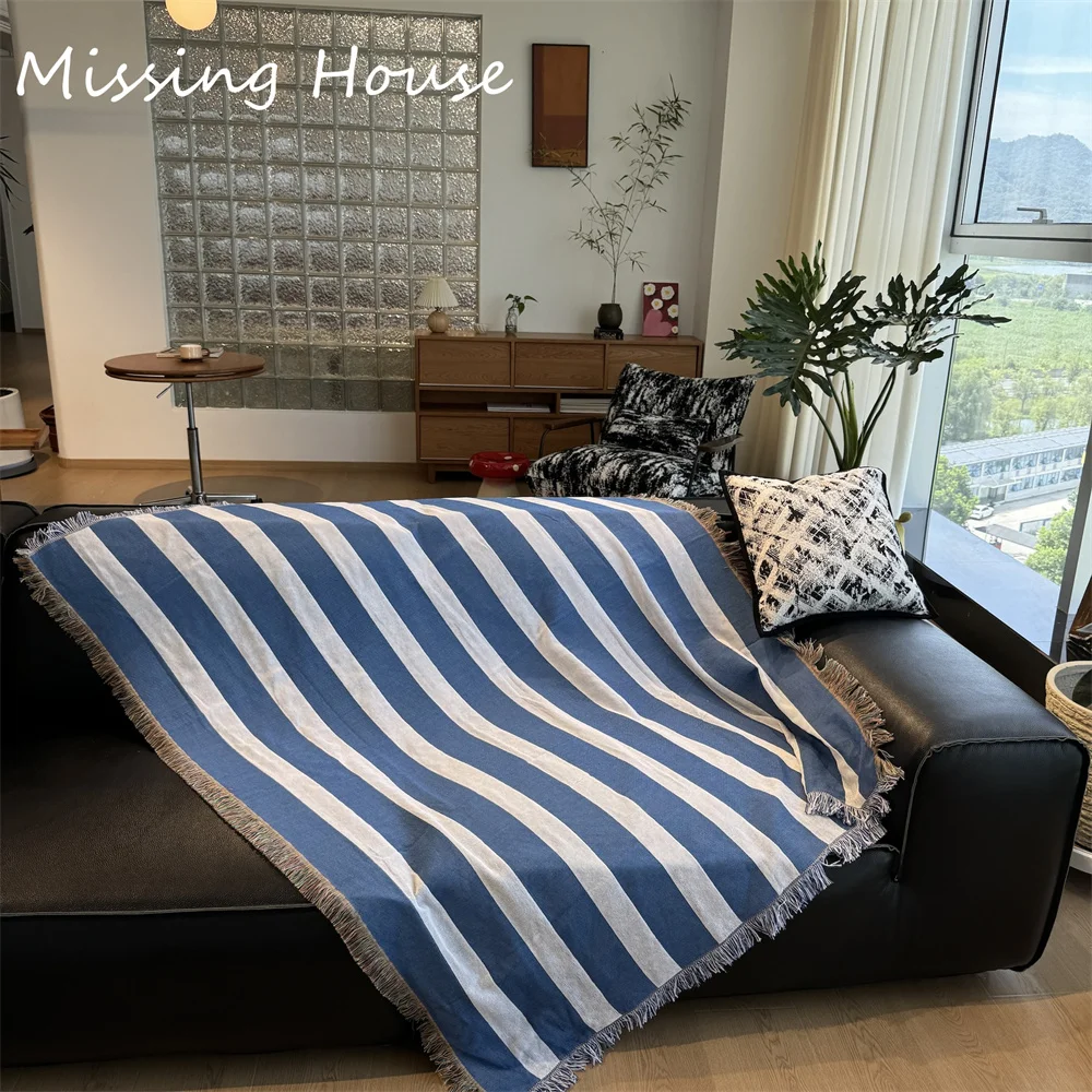 

Голубое пляжное Полосатое хлопковое плетеное одеяло, домашний декор, персонализированный подарок, чехол для дивана, коврик