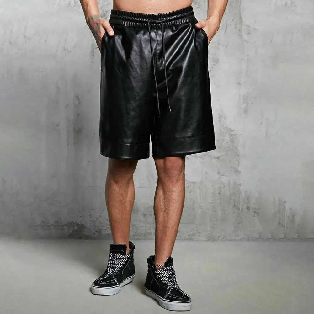 Men Drawstring Waist Shorts Wide Leg Faux Leather Shorts with Elastic Drawstring Waist Stylish Men's Streetwear for Summer