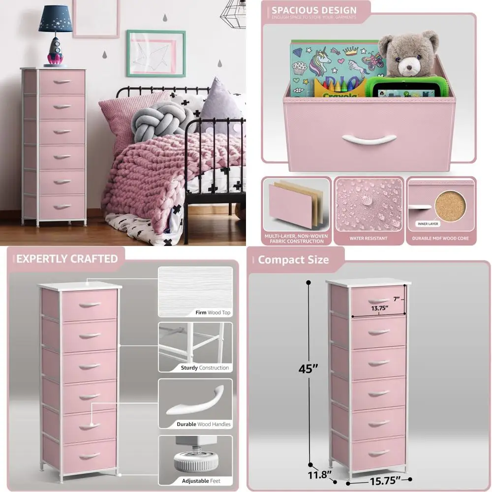 

Детский тканевый комод: 6-ящичный, высокий, для хранения одежды, для игровой комнаты и детской, стальной каркас, деревянные ручки, розовый