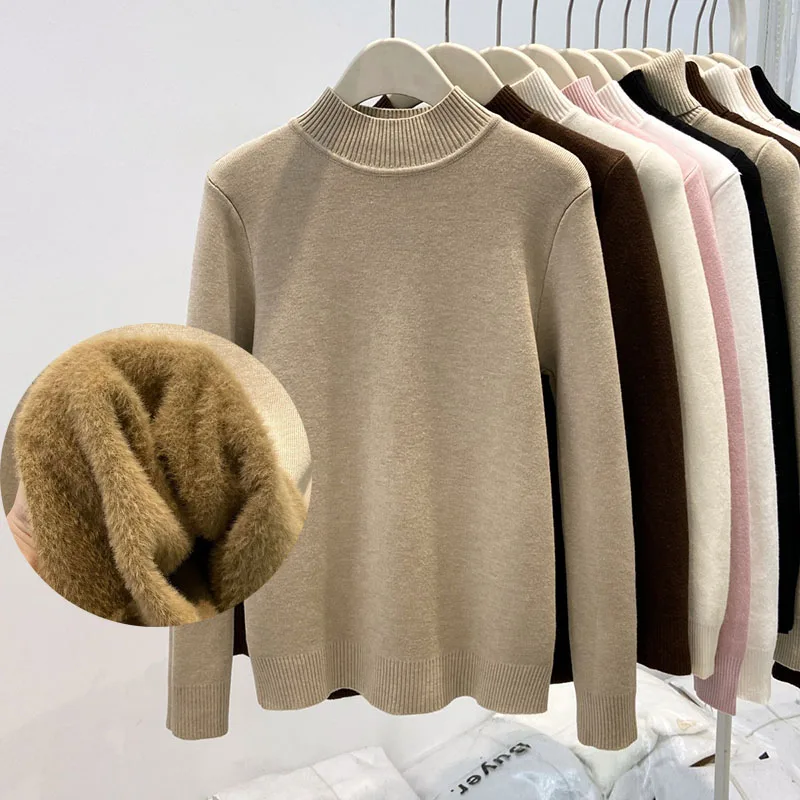Women Fleece Lined Knit Sweaters Solid Color Thick Warm Soft Autumn Winter Knitting Pullover Mock Neck Base Layer Thermal Jumper
